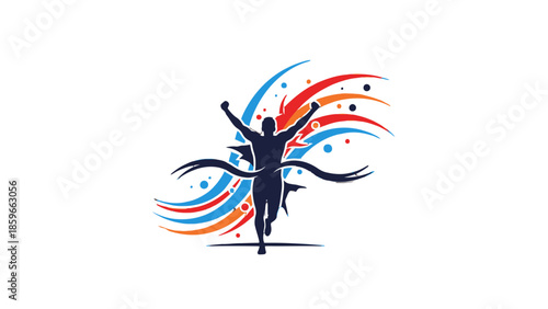 Triumphant Runner Silhouette with Abstract Colorful Splash Celebrating Victory on Isolated White Background