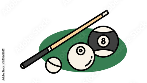 Billiard Cue Stick and Two Pool Balls on Green Oval Background in Bright Studio