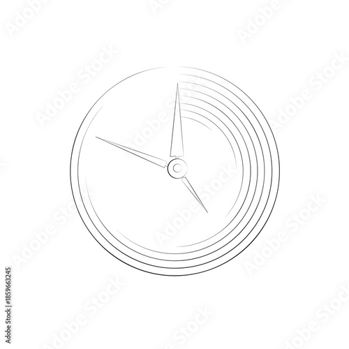 A hand drawn sketch of a classic analog clock face with visible second markings and two sharp hands, isolated on a white background, representing time and measurement.