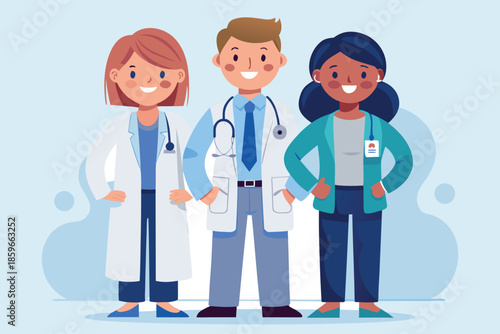Healthcare professionals group of doctors and nurses standing together. Medical staff illustration with lab coats and stethoscopes on blue background.