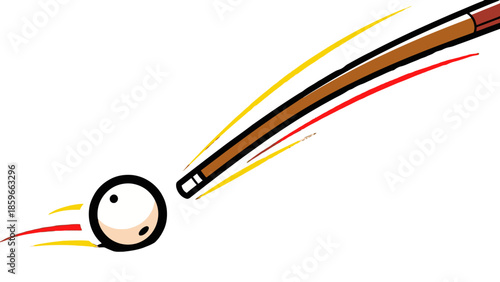Billiard Cue Striking White Cue Ball with Dynamic Speed Lines on Isolated White Background