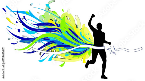 Triumphant Runner Breaking Finish Line with Colorful Abstract Splash on Isolated White Background