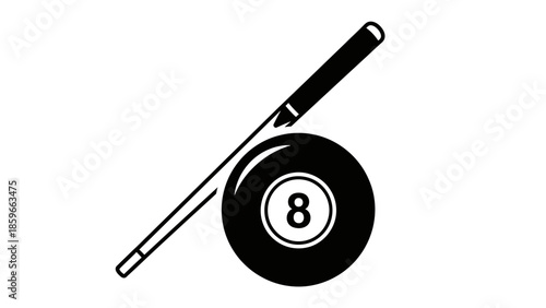 Minimalist Black 8-Ball and Billiard Cue on Isolated White Background