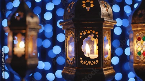Decorative hanging lanterns with candle light against blurred blue background illuminated atmosphere