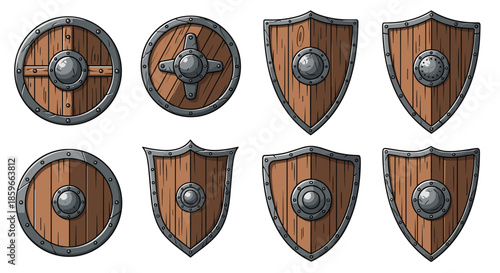 Collection of eight different wooden and metal shields in various shapes like round, heater, and kite designs.