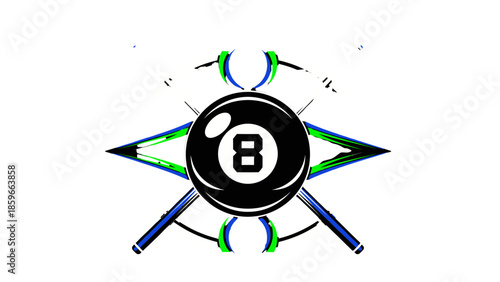 Dynamic Billiard 8-Ball and Crossed Cues with Colorful Abstract Splash on Isolated White Background