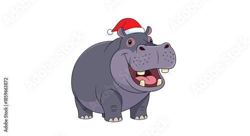 Large happy hippopotamus wearing a red Santa hat opens its mouth wide in a joyful and funny holiday celebration.