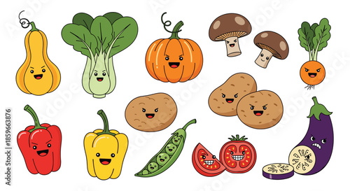 Large set of adorable vegetable characters with expressive faces including pumpkin, mushrooms, peppers, and potatoes.