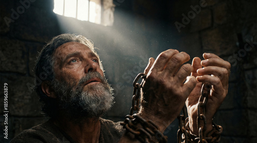 Portrait of Apostle praying in prison cell looking up at divine light with chains on hands
