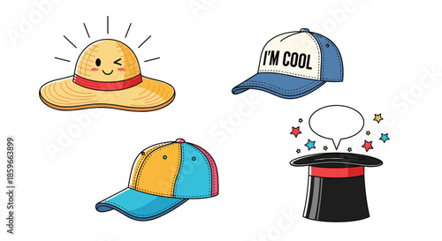 Assortment of different hat styles including a straw hat, baseball caps, and a magician top hat with stars.