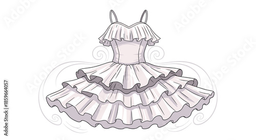 Beautiful white ruffed ballet dress or tutu with thin straps and layered skirts displayed in a graceful illustration.