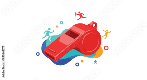 Large red sports whistle icon with small stylized figures of athletes running and playing together around it.