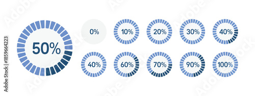 Percentage number icon vector set, segmented radial blue pie charts showing 0% to 100% progress, infographic and data visualization, loading indicator design.