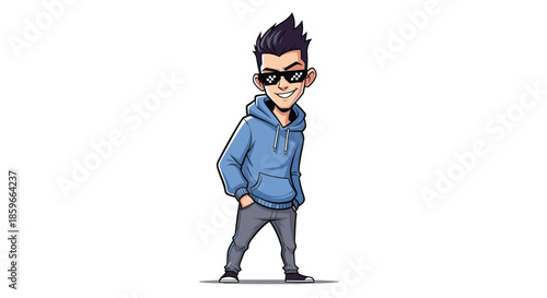Cool teenage boy wearing a blue hoodie and pixelated sunglasses stands confidently with his hands in his pockets.