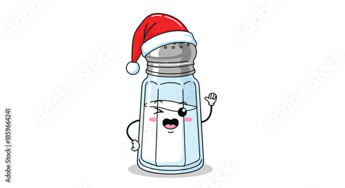 Cute salt shaker character wearing a red and white Santa hat waves happily in a festive Christmas illustration.