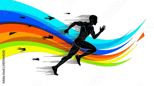 Silhouette of Running Person with Dynamic Colorful Abstract Shapes on Isolated White Background