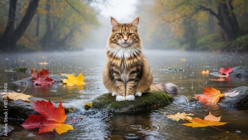 Majestic Maine Coon cat sitting calmly on a rock in a serene autumn river landscape