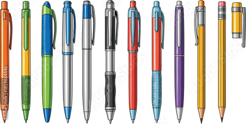 Colorful ballpoint pen collection illustration showing assorted writing instruments stationery tools isolated on white background vector design for office education