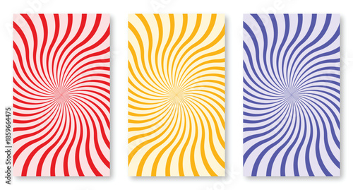 Colorful spiral ray posters set. Abstract swirling lines in red yellow and blue. Bold optical backgrounds for modern wall art and graphic design.