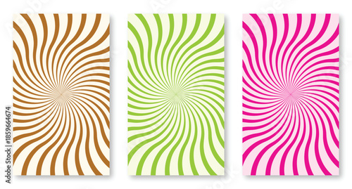 Abstract spiral ray poster set. Brown green and pink swirling optical backgrounds. Bold modern wall art for creative graphic design use.
