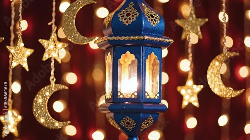 Decorative hanging lanterns with stars and crescent moon ornaments bokeh lights against dark red backdrop