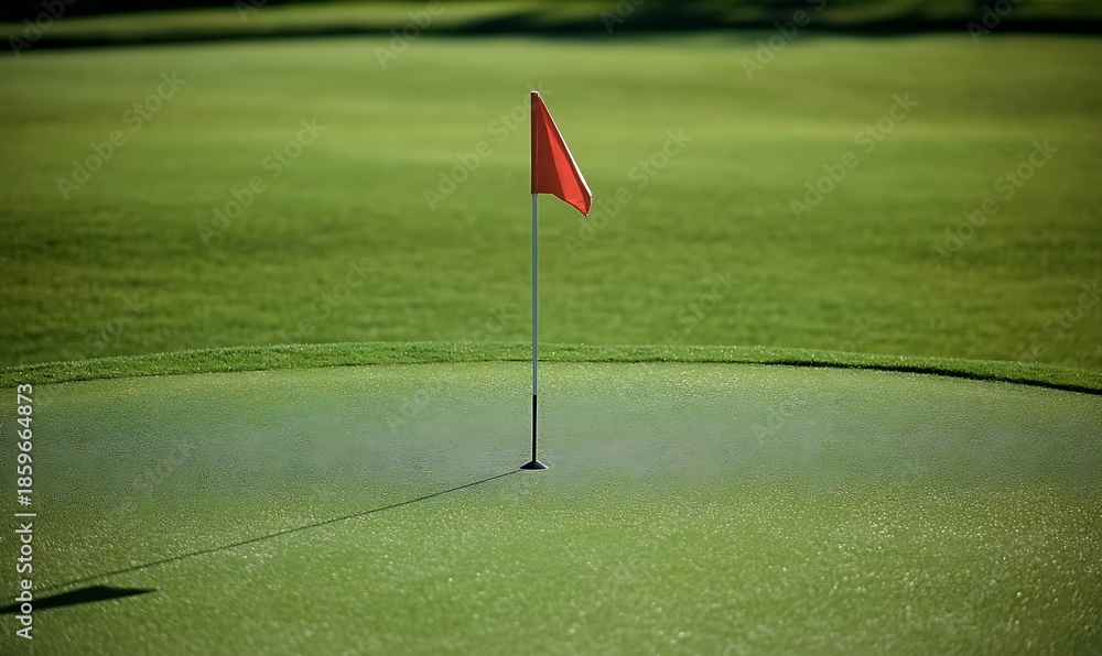 Obraz premium Green grass field with red flag and hole in golf course on summer time