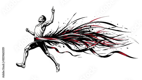 Dynamic male runner bursting forward with abstract black and red speed lines on an isolated white background.