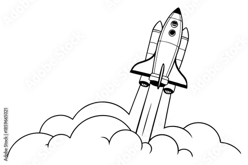 Rocket spaceship launching into space isolated on white background