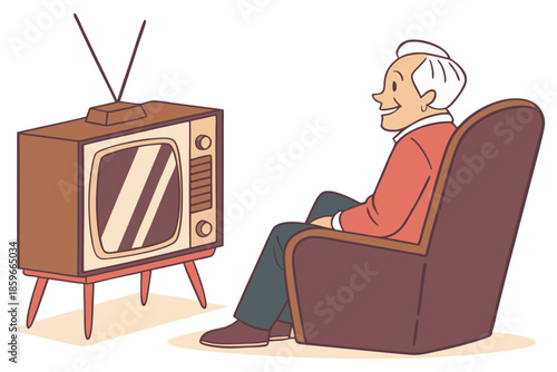 Elderly man enjoying television leisure time isolated on white background