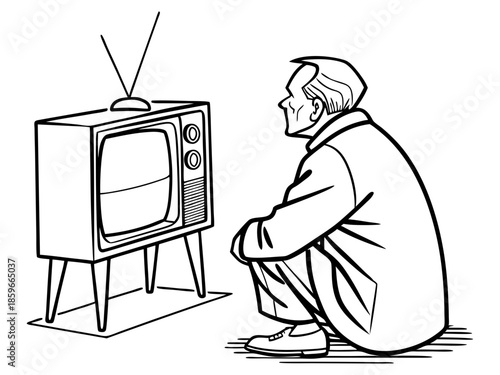 Senior man relaxing while watching television at home isolated on white background