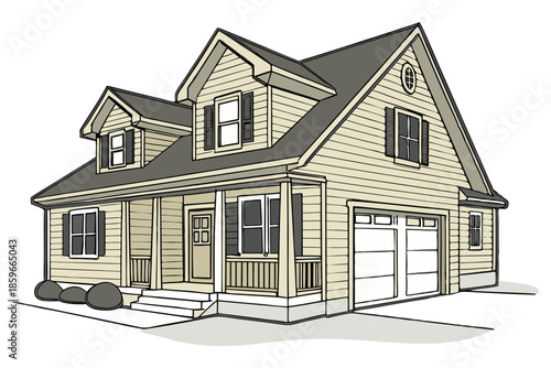 Modern family home with garage real estate concept on white background