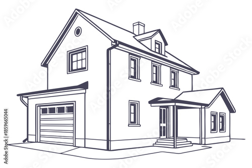 Single family house with garage suburban living isolated on white background