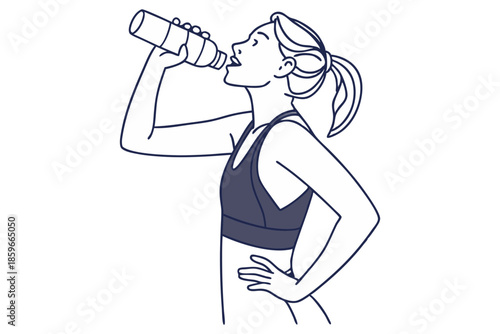 Athletic woman hydrating after workout isolated on white background
