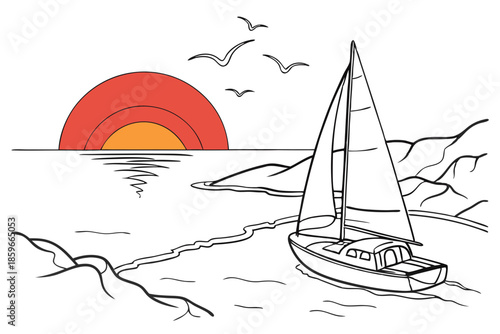 Peaceful ocean sunset with sailing boat isolated on white background
