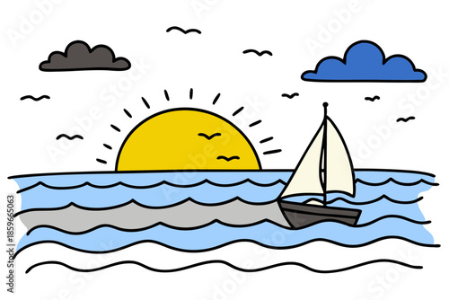 Romantic sea sunset with sailboat silhouette isolated on white background