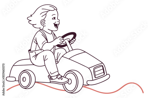 Toddler riding toy car playful childhood isolated on white background