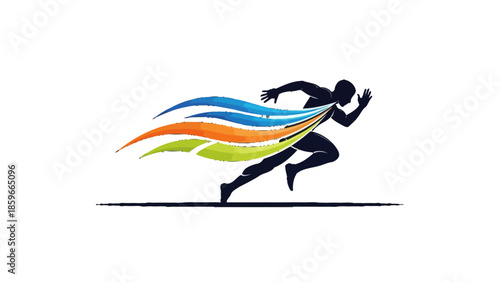 Dynamic silhouette of a male runner sprinting with abstract colorful speed lines on an isolated white background.