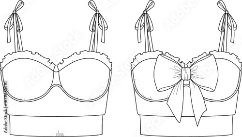 Corset Crop Top Fashion Technical Sketch Vector, Bustier Bra Top Flat Sketch, Womens Lingerie Design Template, Bow Detail Apparel Mockup
