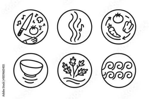 Cooking Symphony Icons. Line style circular vector icons of cooking symphony: knife conducting floating food, rising steam melody,