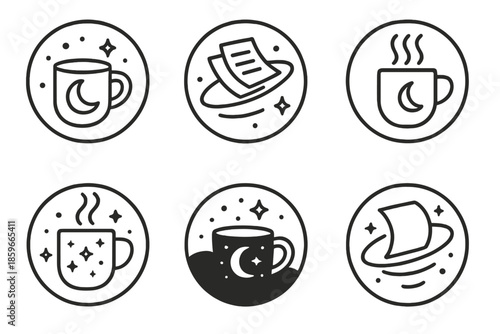Cosmic Comfort Icons. Line style circular vector icons of cosmic comfort: lunar mug silhouette, orbiting paper pages, shining