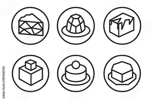 Geometric Dessert Icons. Line style circular vector icons of contemporary dessert: faceted cake surface, polygon mousse, angular