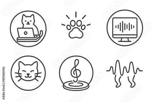 Electronic Feline Mix. Line style circular vector icons of electronic feline mix: cat on laptop turntable, glowing paw controls,
