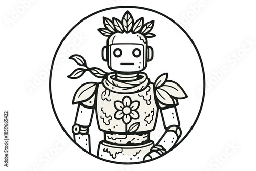 Botanical Android Elements. Line style circular vector icons of botanical android: metal figure with leaf crown, vine scarf,
