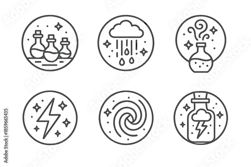 Enchanted Chemistry Icons. Line style circular vector icons of enchanted chemistry: levitating potion vials, rainbow rain streams,