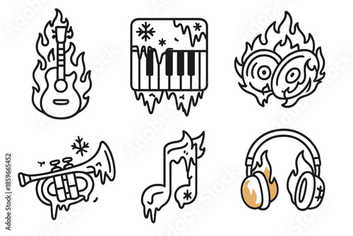 Fire & Ice Music Icons. Line style icons of Musical Elements Clash: burning guitar, frozen piano, flaming cymbals, icy trumpet,