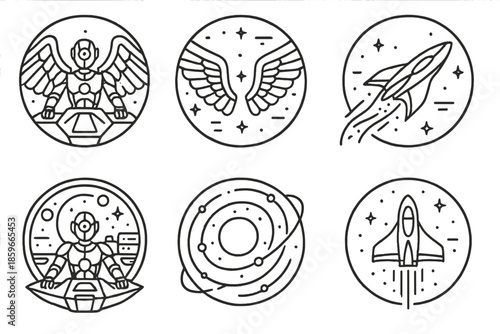 Futuristic Pantheon Icons. Line style circular vector icons of futuristic pantheon: robotic angel piloting starship, holographic