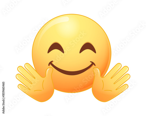Hugs emoji, emoticons characters vector. Emoticon facial expression in friendly, salute, kind, approved, hug and happy