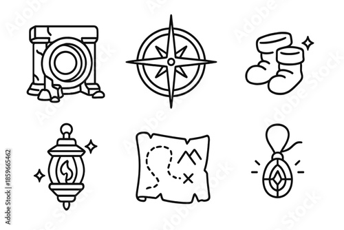 Legendary Voyage Icons. Line style icons of Legendary Voyage: ruins with portal rings, glowing celestial compass, tiny magical