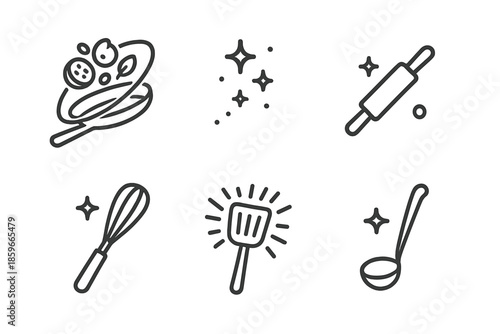 Stellar Cooking Tools. Line style icons of Stellar Cuisine: frying pan with orbiting ingredients, glowing seasoning sparkles, tiny
