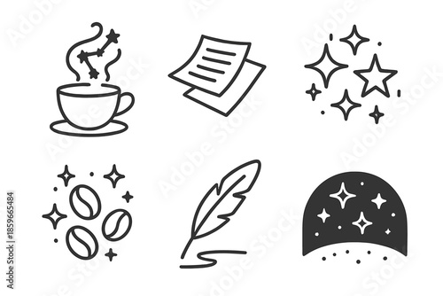 Literary Cosmos Icons. Line style icons of Literary Cosmos: coffee cup with constellation steam, floating pages, glowing stars,